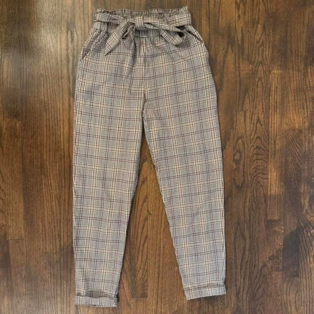 Plaid Work Trousers Black Tan Pink With Tie High-Waisted Size Small Office Prep